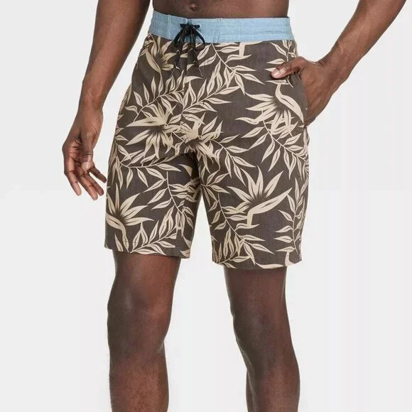 Target Goodfellow & Co Brown and Tan Board Shorts Tropical Leaf Print