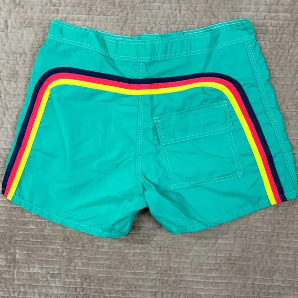Vintage Sundek Board Shorts Mens 30 Teal Green Rainbow Stripe Nylon Made in USA