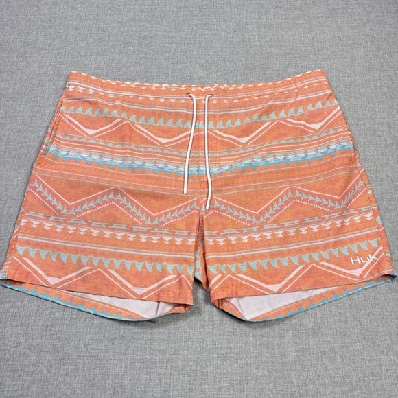 Huk Swim Trunks Shorts Mens‎ 2XL (44) Orange Geometric Mesh Lined Drawstring