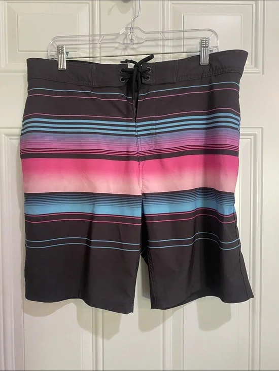 No Boundaries Black Board Shorts with Pink & Blue Stripes