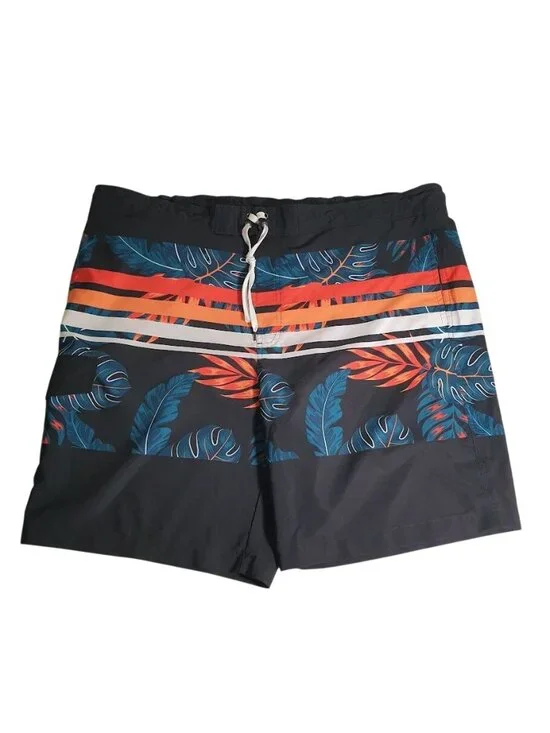 Sonoma Mens Swim Shorts Black Tropical Print Drawstring 46 Waist Lined Vacation