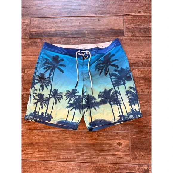 American Eagle Mens Blue Tropical Palm Tree Ombre Board Shorts L