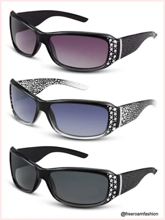 3 Pairs Rhinestone Oversized Wrap Around Sunglasses Retro Crystal Vintage Bling