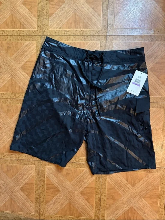 Oakley Black Gloss-Striped Swimming Board Shorts Sz 36 BNWT