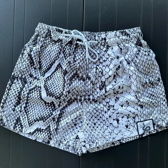 Men’s Black & White Snake-Print Swim Trunks
