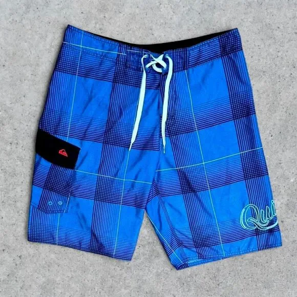 Vintage Quiksilver Plaid Spell Out Board Shorts Swim Trunks