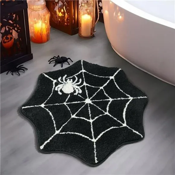 Halloween Bathroom Rugs Spider Webs Round Mats Non Slip Black Washable 28