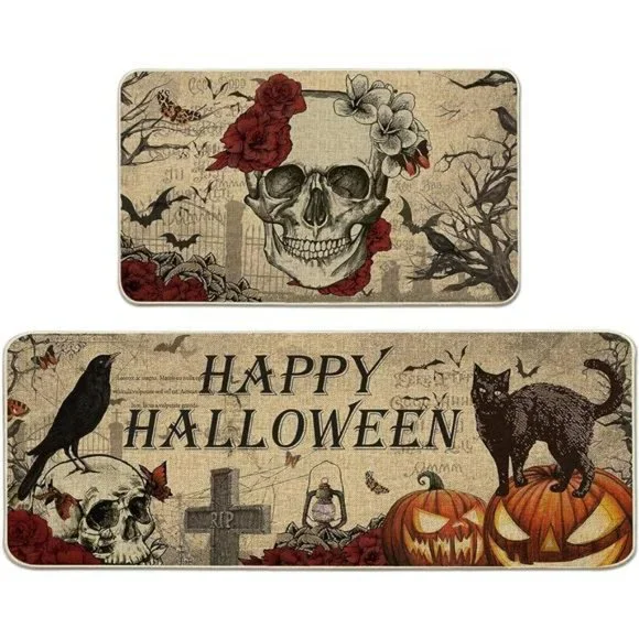 Halloween Kitchen Mat, Non Skid Washable Set of 2, (17