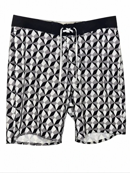 American Eagle Outfitters Men's Board Shorts L Black White Geo Print Swim Trunks