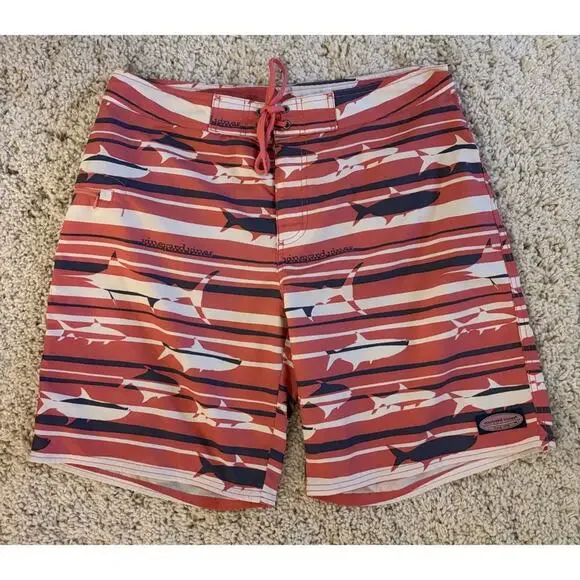 Vineyard Vines Pink Blue Striped Shark Print Swim Shorts Trunks Size 33
