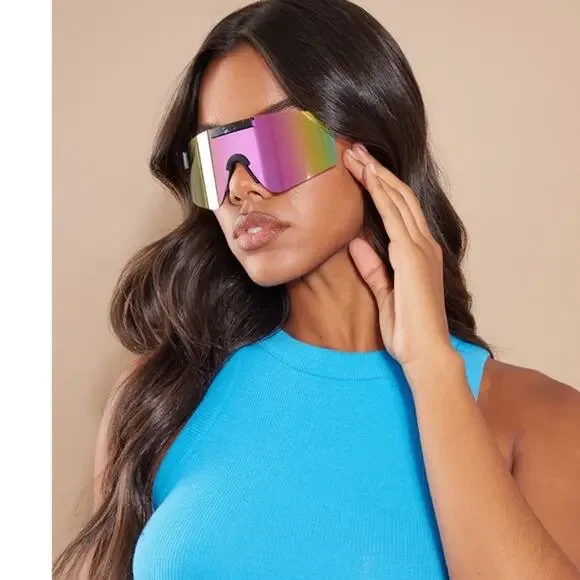 PrettyLittleThing Black Mirrored Frameless Visor Sunglasses NWT