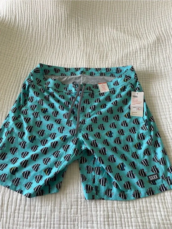 Saxx Teal Fish-Pattern Swim Trunks