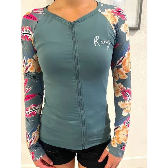 Roxy Zip Up Long Sleeve Rash Guard Swim Shirt Floral Graphic Print Women's S