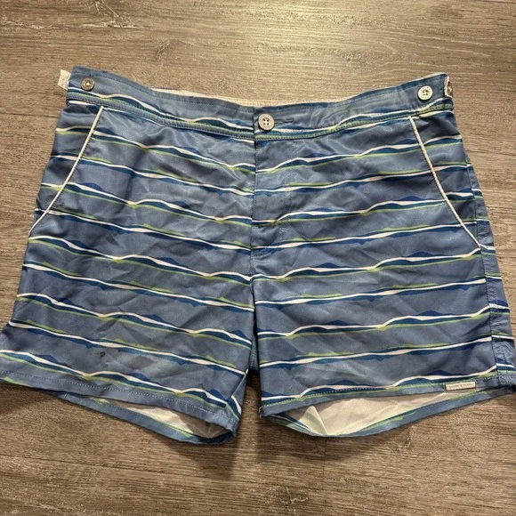 Parke & Ronen Swim Trunks‎ Mens 34 Blue Green Stripe Polyester Lined Board Short