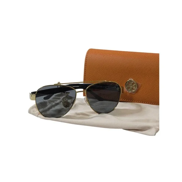 Tory Burch TY 6079‎ 316087 Shiny Gold Metal Aviator Sunglasses Solid Brown Lens