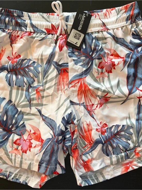Men’s XS/Teen XL Tropical Floral Swim Shorts - White, Blue & Red