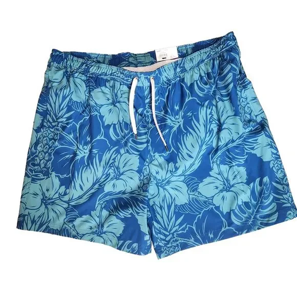 Swim Trunks Blue Tropical Hawaiian Print Elastic Plus Drawstring‎ Size XXL NEW