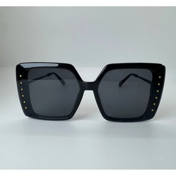 Womens‎ Oversized Square Sunglasses Black Rhinestone Studded UV400 Protection