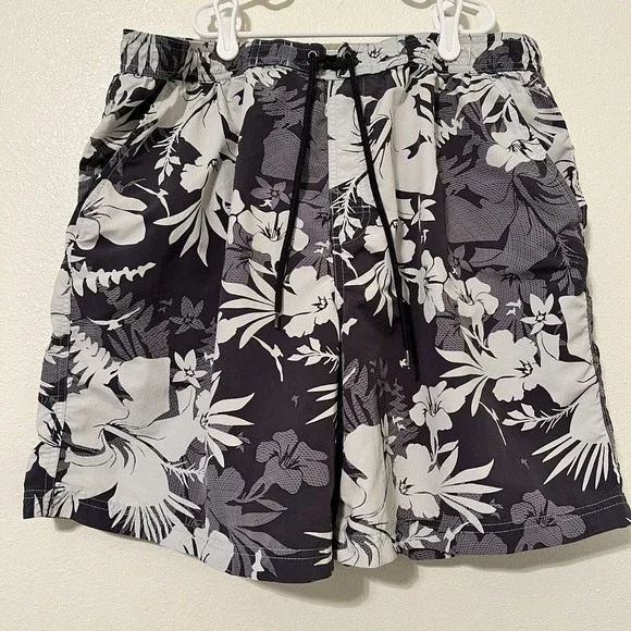 Caribbean Swimwear Large Gray Elastic Waist Drawstring Swim Board Shorts Mesh