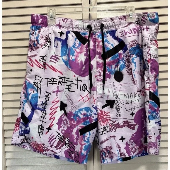Fresh Swim Shorts Lavender Graphic Mens Size XL Lined Elastic/Tie‎ Waist Pockets