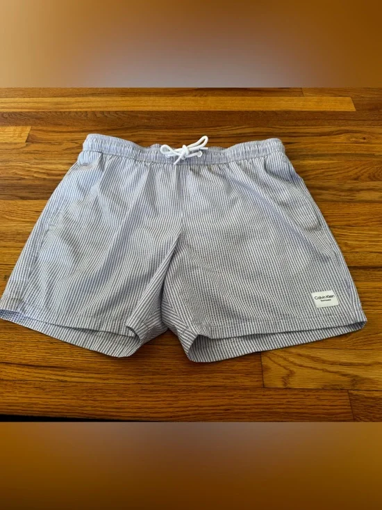 Calvin Klein Blue and White Striped Men's Swim Trunks
