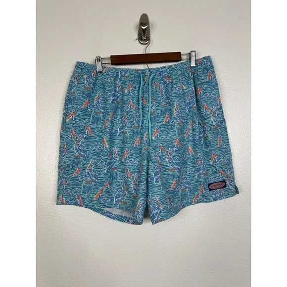 Vineyard Vines Pelican Print Chappy Swim Trunks Mens XL Blue Teal 1M000041