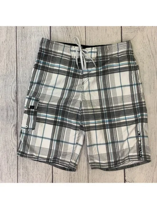 Men's O'Neill sz 31 Board Shorts Swim Trunks Plaid White Gray Blue