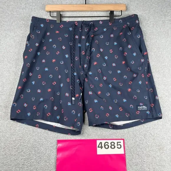Salt Life Swim Shorts Navy Blue Crab Print Mens Size 36 Zip Fly Draw String