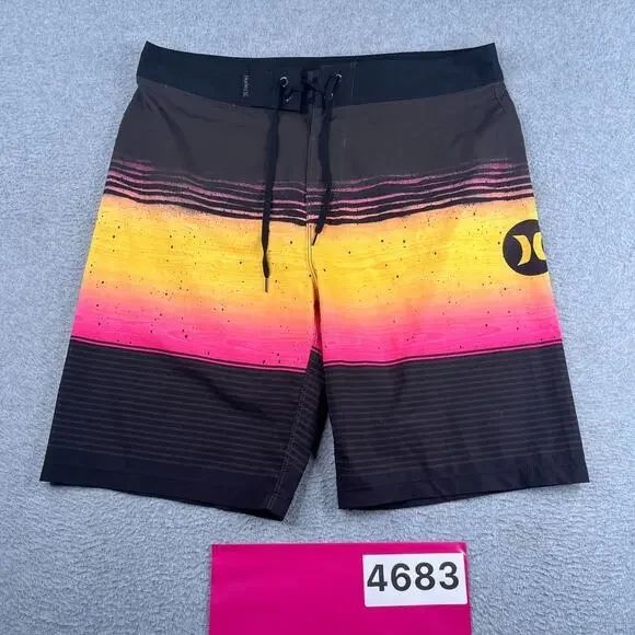 Hurley Board Shorts Mens Size 30 Blck Striped Yellow Pink Beach Surf