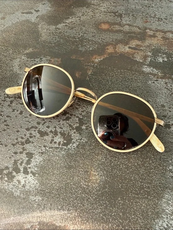 Garrett Leight Gold Round Sunglasses with Dark Brown Lenses Wilson