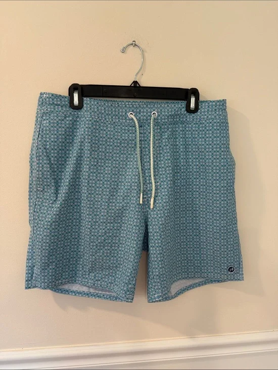johnnie-O Teal Geo-Print Swim Shorts with Drawstring