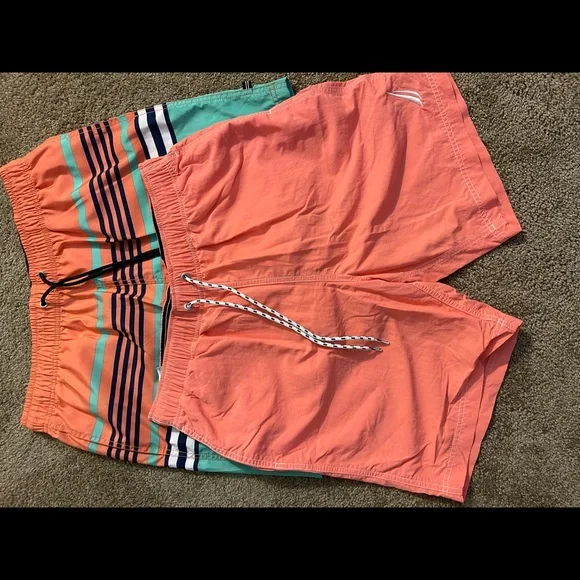 Nautica Men’s Coral and Teal Striped Swim Trunks