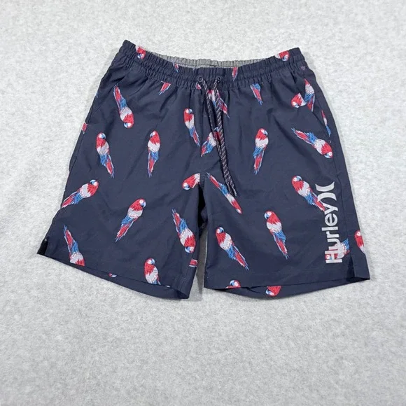 Hurley lined Swim Trunks Men Large Navy Blue Excellent Parrot Print Board Shorts