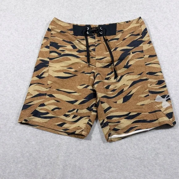 Under Armour Board Shorts‎ Mens 34 Brown Tiger Camo Excellent HeatGear Loose Fit