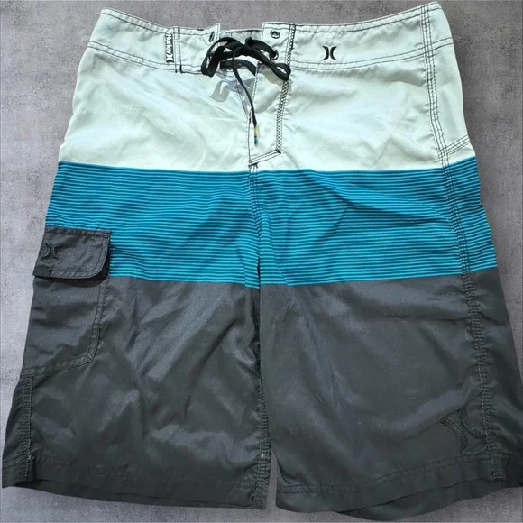 Hurley Board Shorts Men's 30 Blue Colorblock Striped Swim Trunks Surf Skate