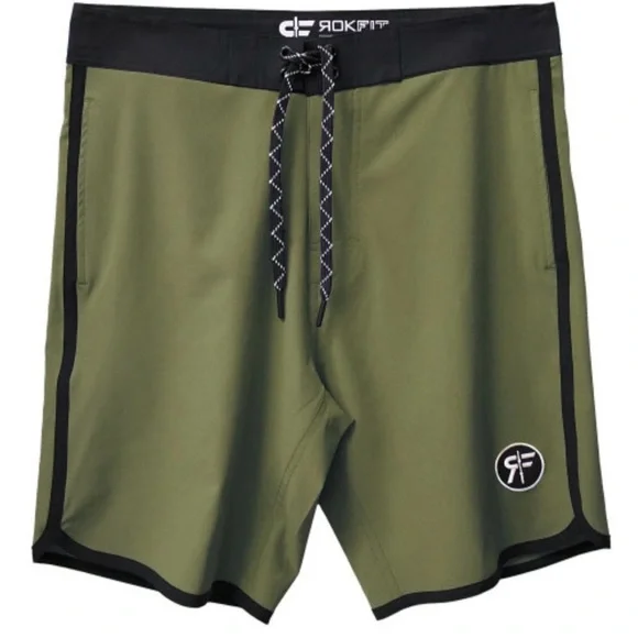ROKFIT Break Board Shorts Olive Green Size 28 Back Pocket Swim Trunks