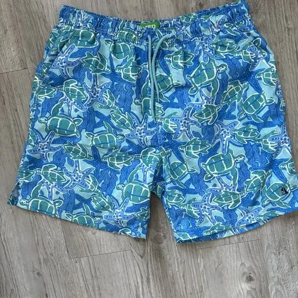 TED Lapidus Men's Swim Trunks Blue/Green Sea Turtle Starfish Print Size XL