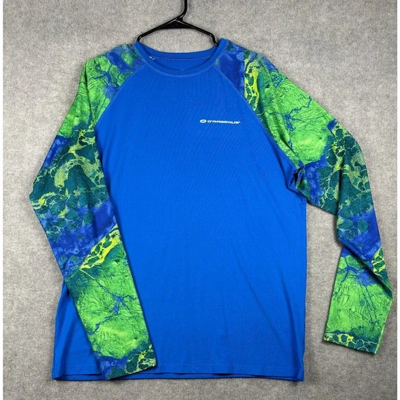 O'Rageous Long Sleeve Rash Guard Swim Shirt Patterned Sleeves 2XL Blue Green