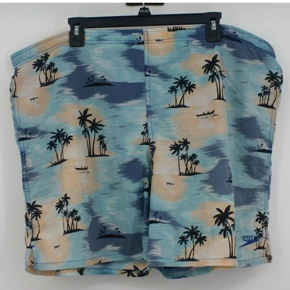 Vintage Speedo Mens Tropical Palm Tree Swim Trunks Blue Peach Large Summer Retro