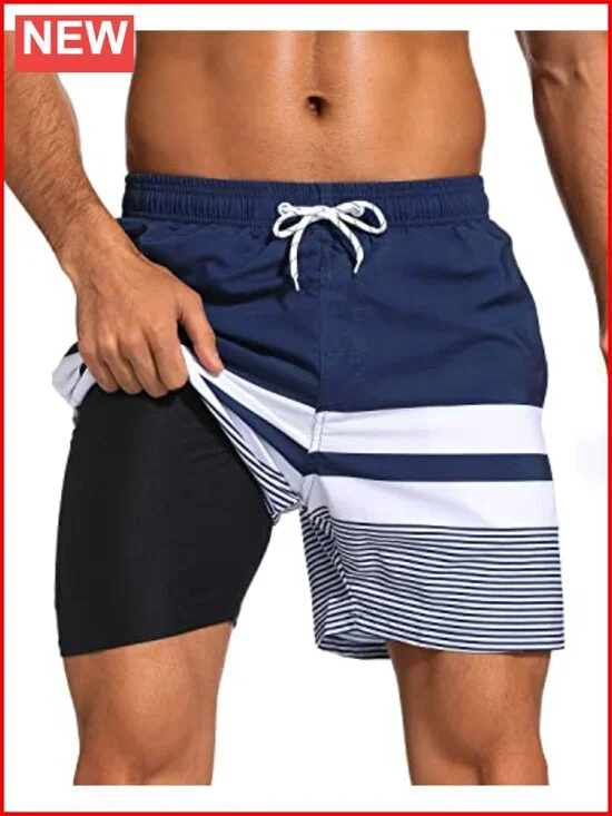 Mens Swim Trunks with Compression Liner 2 in 1 Quick Dry Bathing Suit with