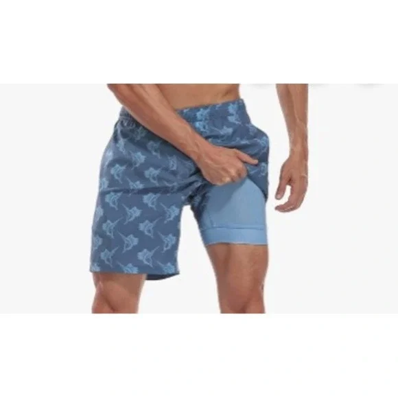LRD Performance Mens XL Blue Marlin Fish Print Swim Trunks Board Shorts 7 Inseam