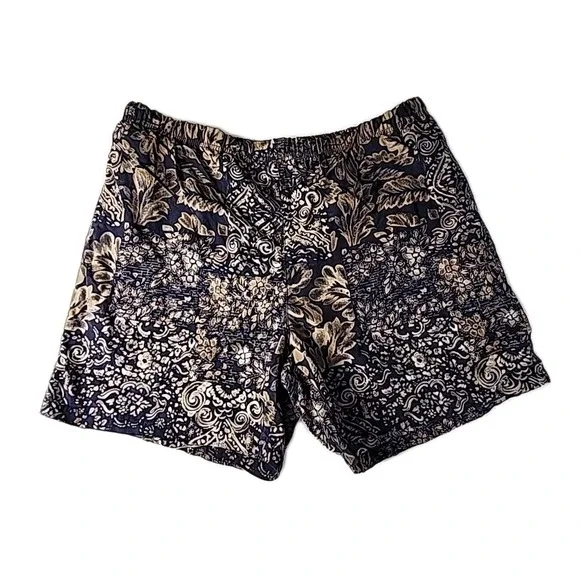 Vintage Nautica Men's Large Swim Trunks Dark Blue & Tan Hawaiian Print Nylon EUC
