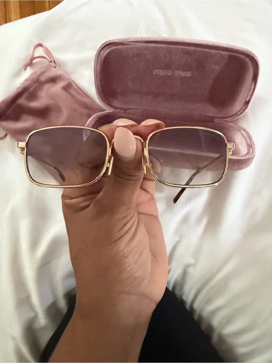 Miu Miu Gold Square Sunglasses with Gradient Gray Lenses and Pink Velvet Case