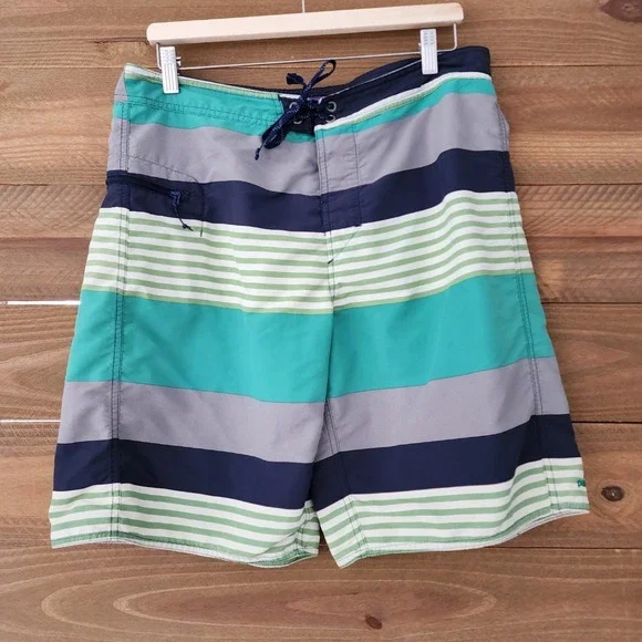 Patagonia blue purple white‎ black striped board shorts swim trunks mens size 35