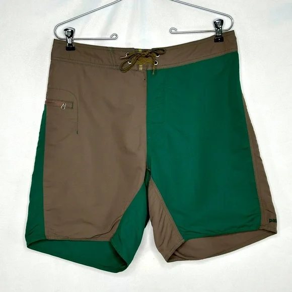 Patagonia Colorblock Green Brown Board Shorts Nylon Lace Side Zip Pocket Sz 32‎
