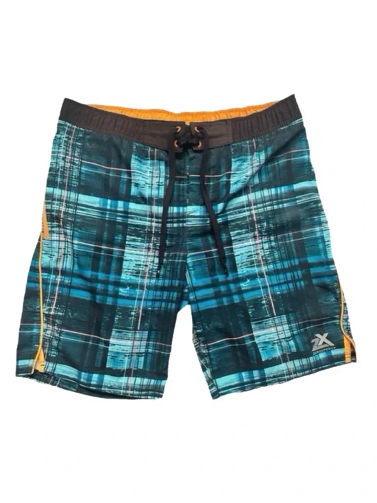 ZEROEXPOSUP ~ Men’s Blue Plaid Swim Shorts with Orange Accents size M