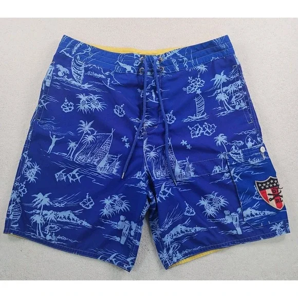 VTG Ralph Lauren Polo Jeans  Board Shorts Mens XL Blue AOP MeshLined Logos‎ Swim