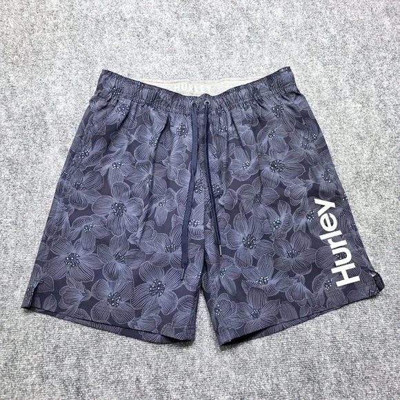 Hurley Men's XL Swim Trunks Blue Floral Board Shorts Elastic Waist 8 Inch Inseam
