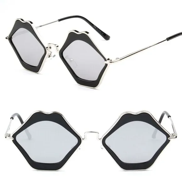 Metal Women Fashion Kissing Lip Shape Hippie Party Mirrored Lens Sunglasses