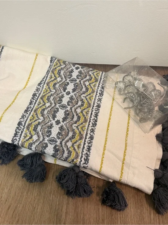 Embroidered Tassel Throw Blanket - Cream, Gray, Mustard